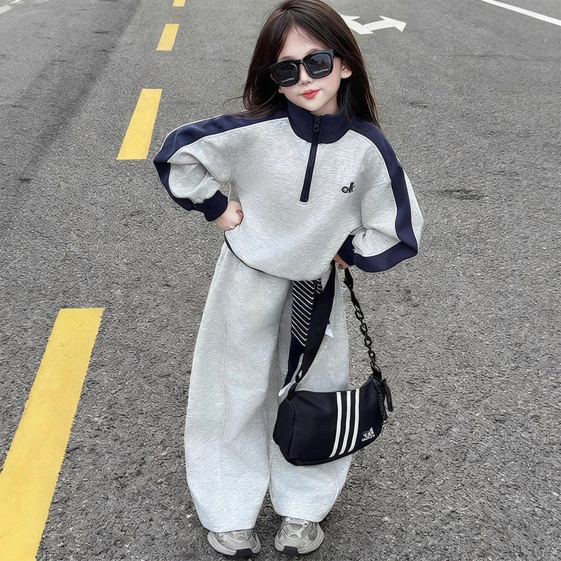 Girls' casual patchwork sweatshirt set -  spring/autumn new style, stylish two-piece activewear outfit for mid-to-large children