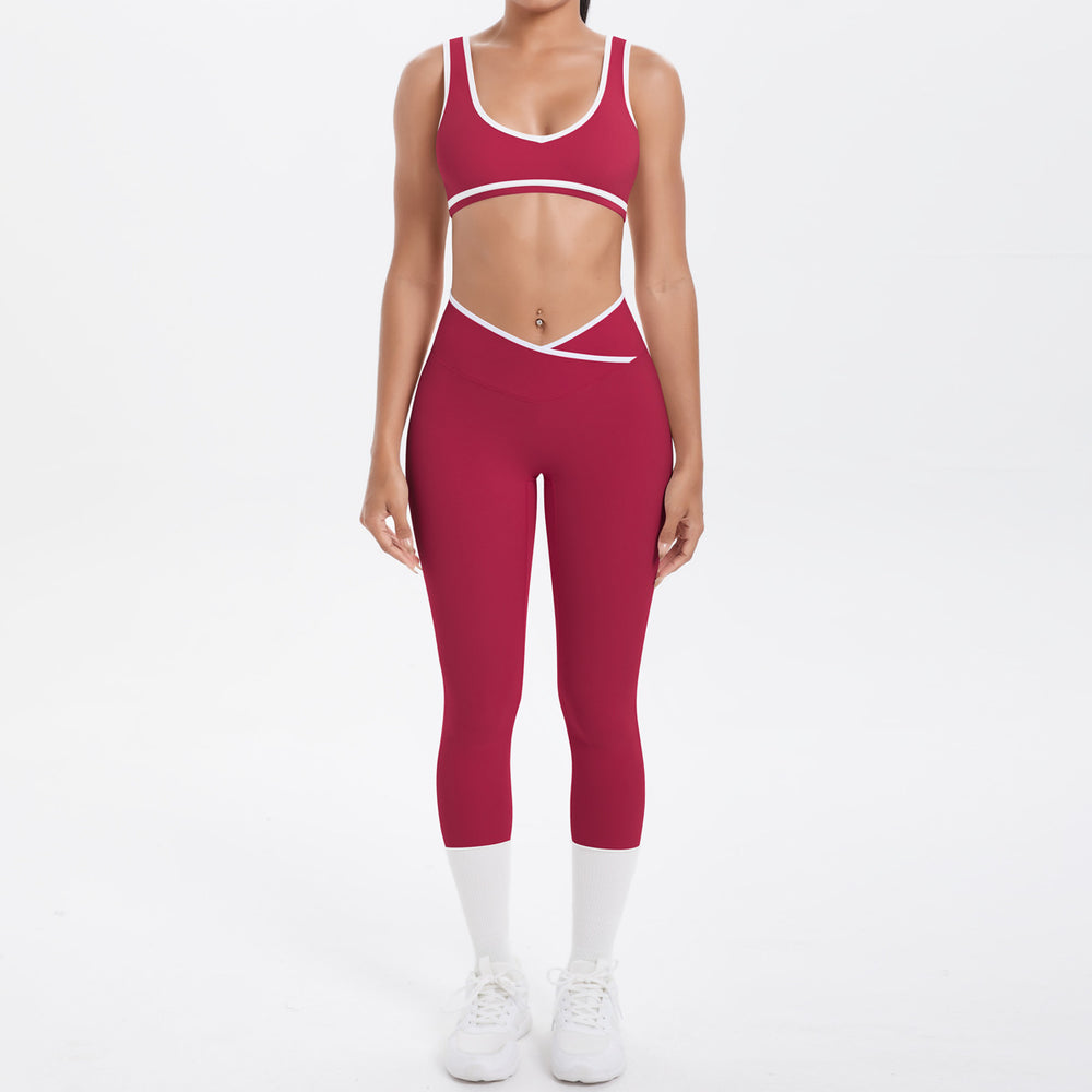 Cross high waist sports suit women's contrast color nude tight yoga clothes quick-drying breathable outdoor running fitness suit