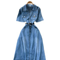 summer new arrival: women's short-sleeve denim dress - designer vintage polo collar, single-breasted, cinched waist, midi length