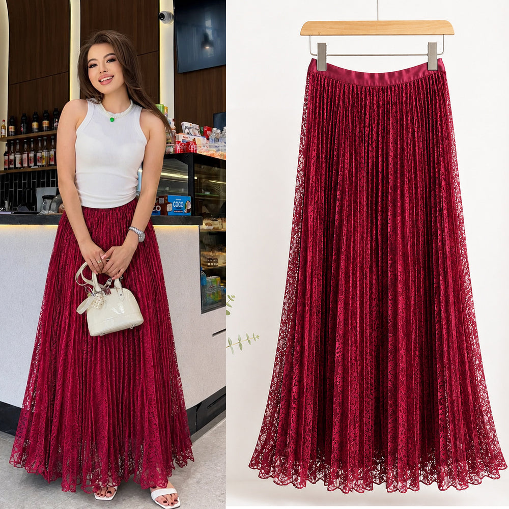 Fashionexport cross-border fashion high waistsweetlacepleated skirt long skirt a-line skirt slimming lookeasiest for matchwork clothing