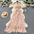 Pure desire style hollow stereo flower halter suspender dress women's vacation outfit rufflestube top long skirt