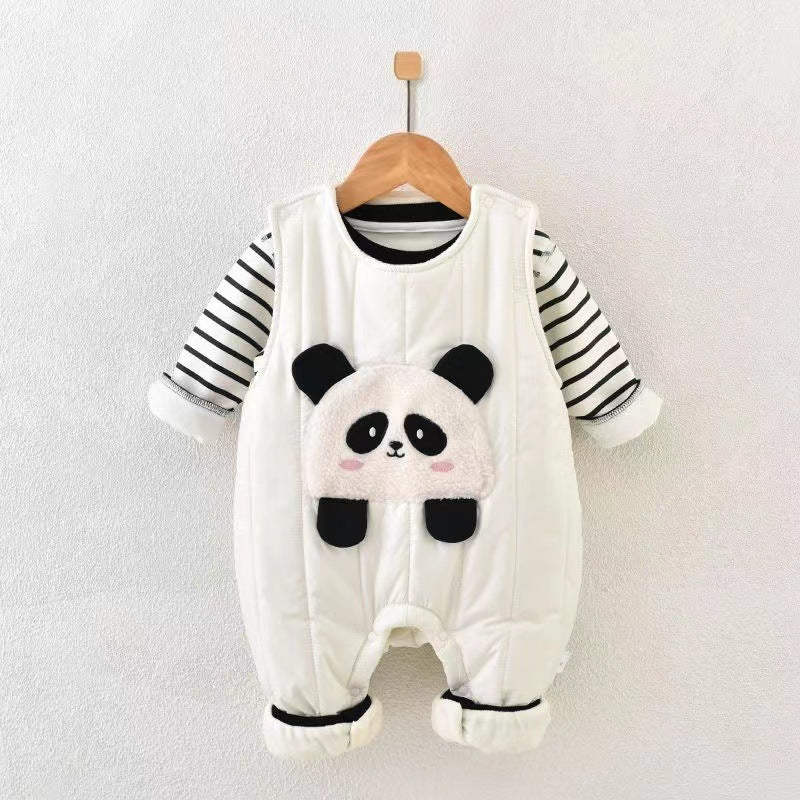 Newborn baby clothes autumn winter casual cartoon cotton-padded romper, super cute fleece-lined cotton two-piece set for baby boys
