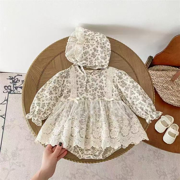 Autum style foreign style dress princess jumpsuit baby clothes baby autum floral bag butt bag butt clothes lace