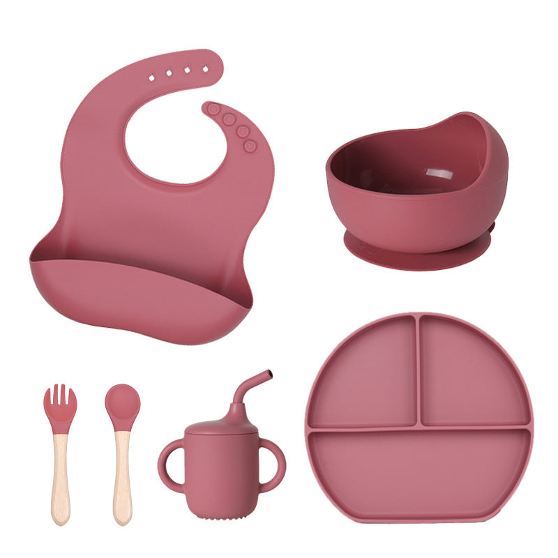 Baby silicone tableware 6-piece set Children's silicone bowl Suction cup Plate Water cup Wooden handle Fork spoon Wholesale Spot tableware