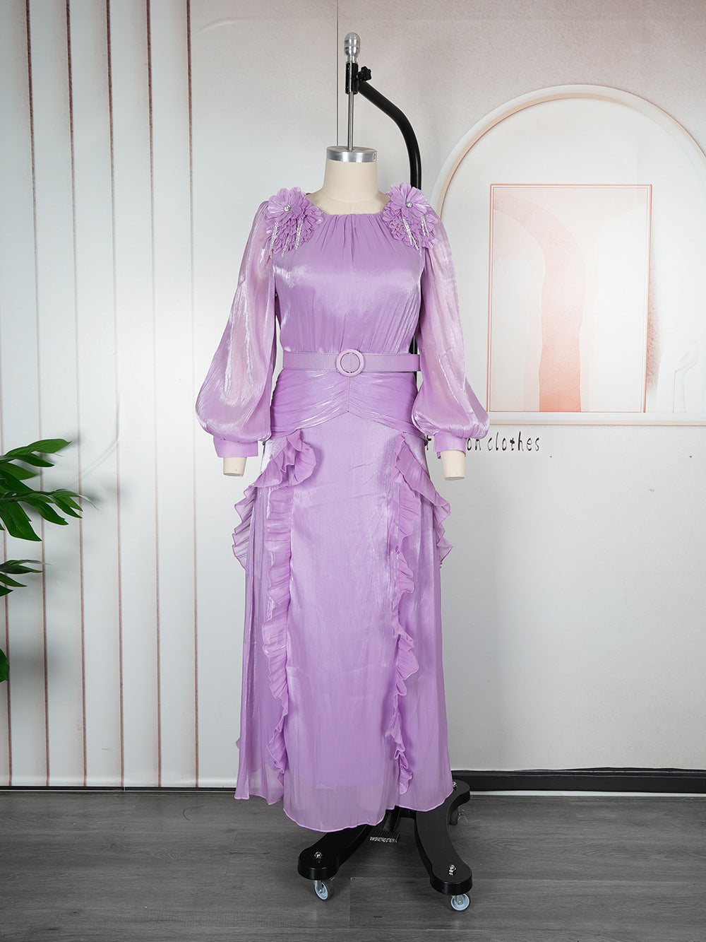 fashionfashionelegantflower dress african export  plus size women's pleated long sleevesdress