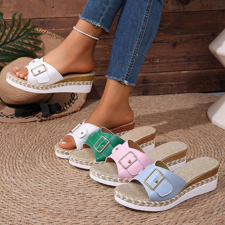 plus size wedge slippers for women  summernew arrival half slippers outwear belt buckle cut out toe lightweight sandals