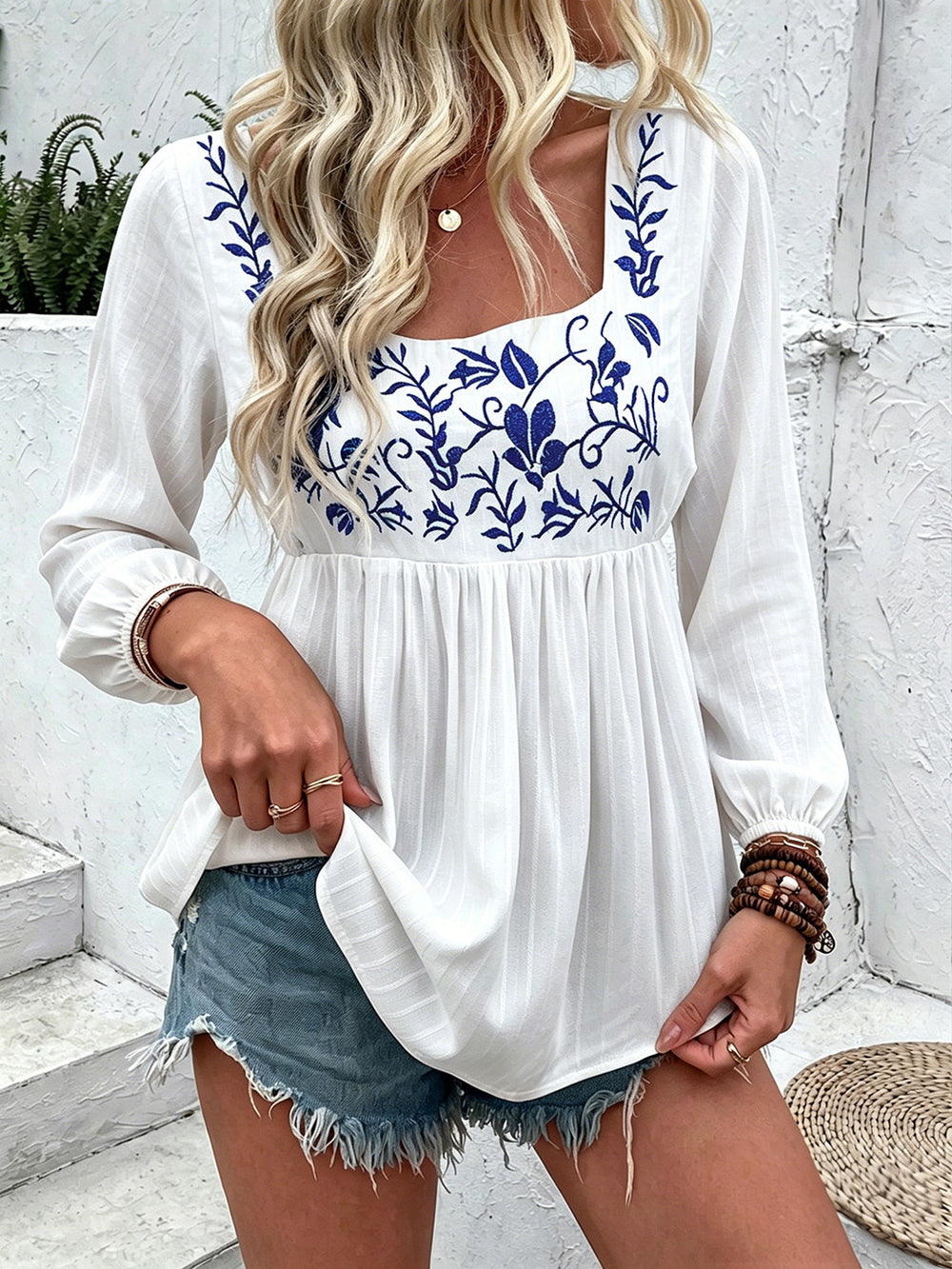 European and american cross-border women's lace square neck short sleeve embroidered blouse - new  spring/summer cool & casual style