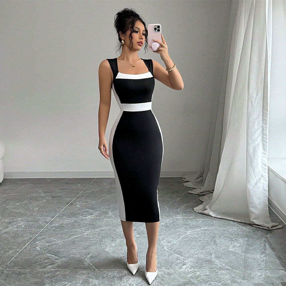 summer new arrival:  cross-border women's fashion - mature & sophisticated maxi dress with square neck, spaghetti straps, and color block design