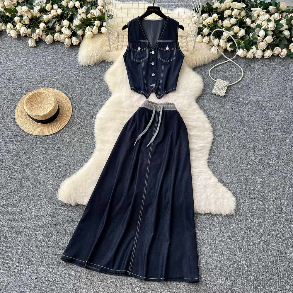 Summer outfit set for women: chic, retro sleeveless v-neck denim vest with high-waisted, flowy midi skirt - two-piece set
