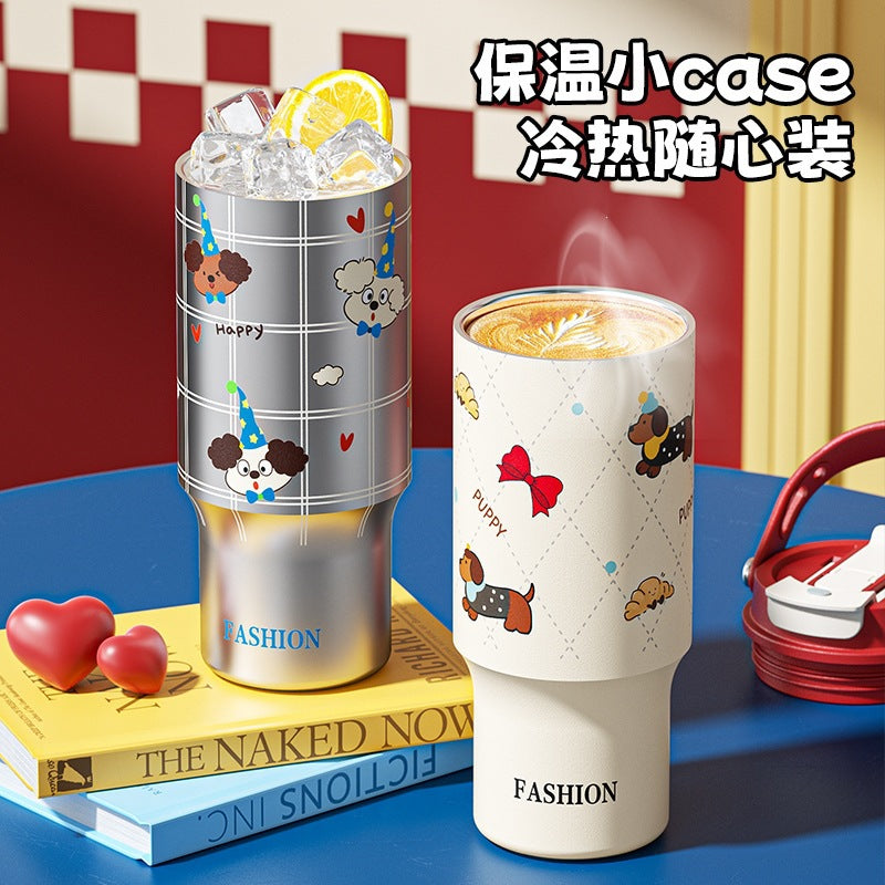 High-style cartoon coffee mug, 316 stainless steel insulated tumbler, large capacity car ice tumbler, portable straw water bottle