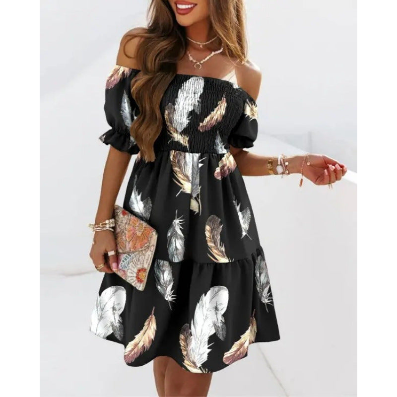 european and american independent station  new arrival short sleeve one-line collar waist pleated printingdress