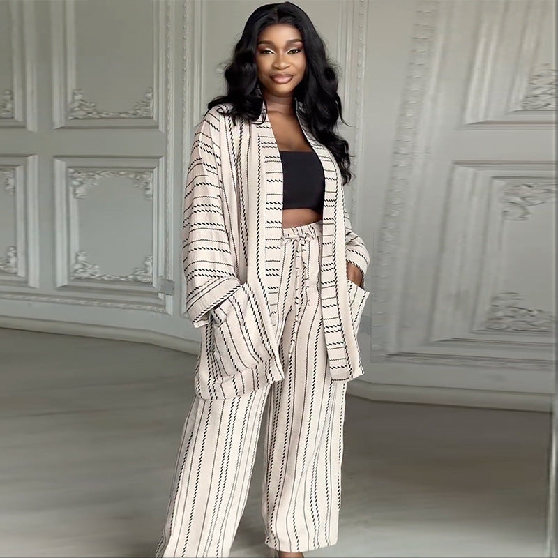European and American  women's clothing 2025 autumn new fashion casual striped loose cardigan high waist wide leg pants set