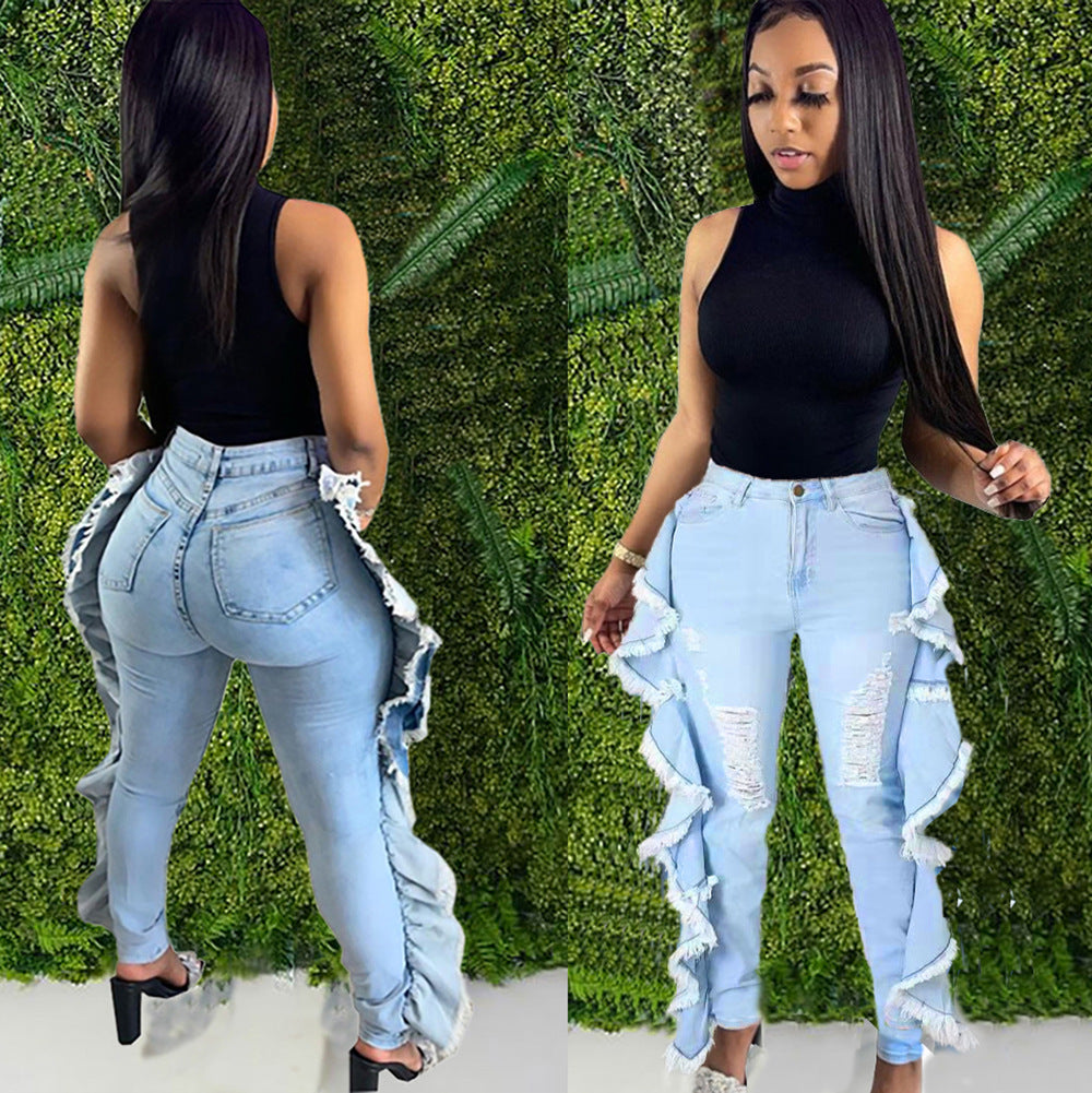 European and american cross-border women's fashion  jeans: streetwear casual hand-weathered distressed side ruffle skinny stretch pants