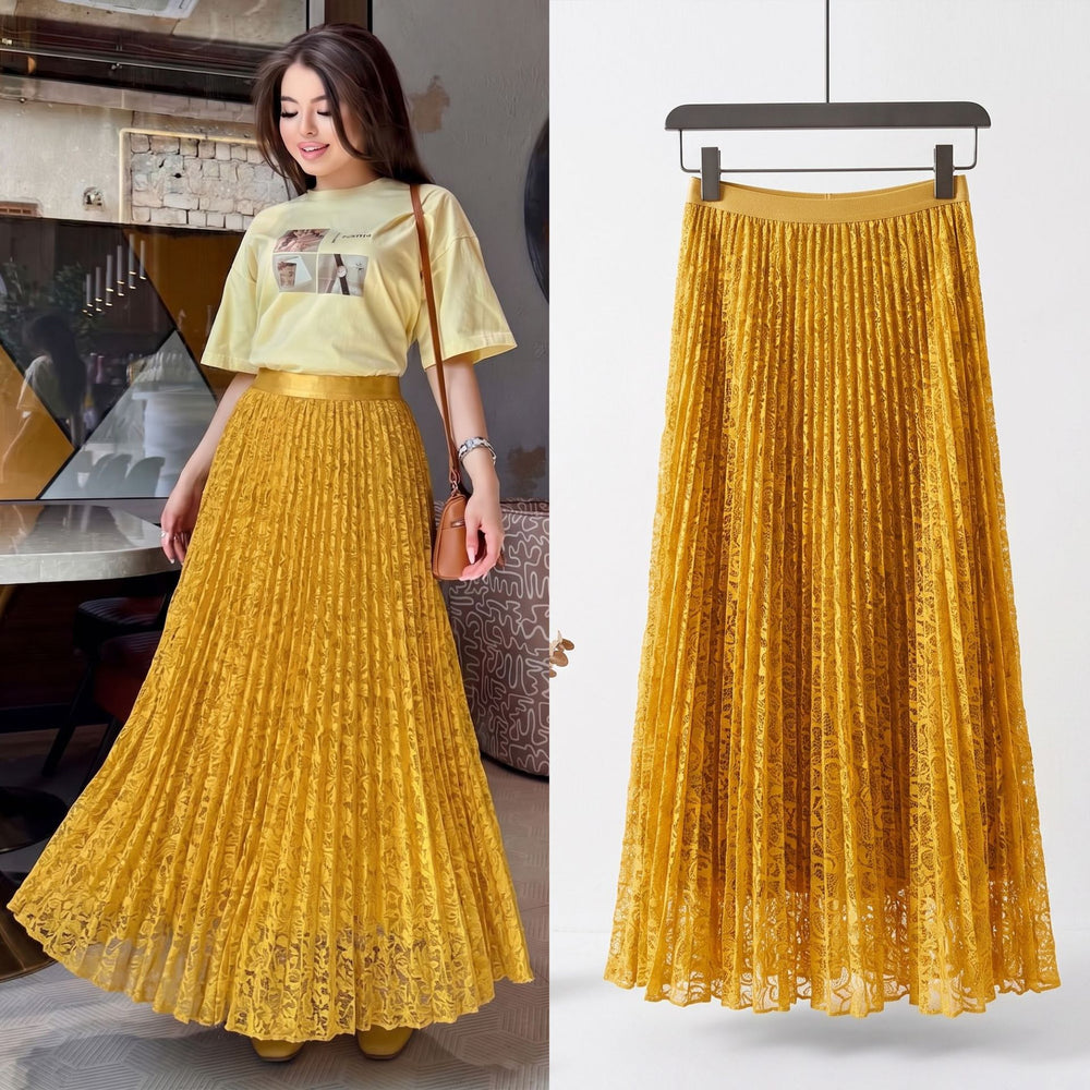 Fashionexport cross-border fashion high waistsweetlacepleated skirt long skirt a-line skirt slimming lookeasiest for matchwork clothing
