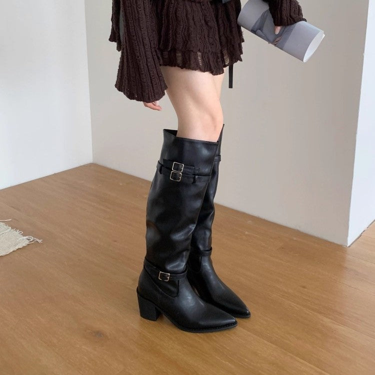 Stacked boots belt buckle thin boots cowhide pointed toe low heel retro western cowboy boots knight boots fall and winter long boots