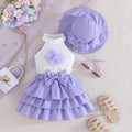 new european and american style girls' sleeveless solid color top with floral cake skirt and hat three-piece set