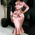 elegancesatin skirt suit bowsilm waist suit outwear mermaid hip covering two-piece set