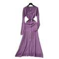 French chic metallic buckle waist dress - women's 2025 autumn slimming elegant hollow-out knit maxi dress