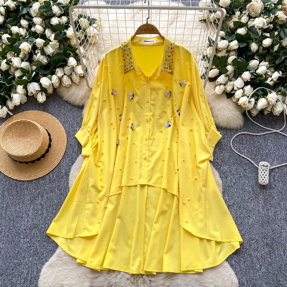 Fashionfashionable heavy industry beading stereo flower shirt women's sense of design asymmetrical loose bat sleeve tops