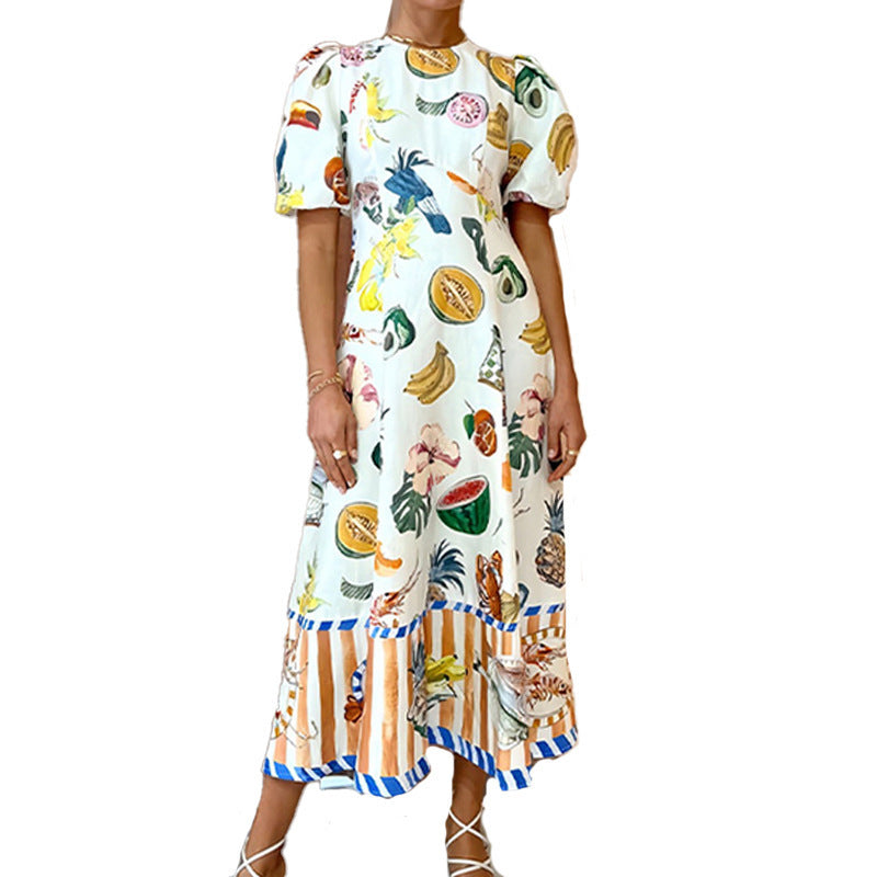 summer new women's clothing: cross-border european and american hot seller - elegant commute, sweet print, round neck, a-line maxi dress