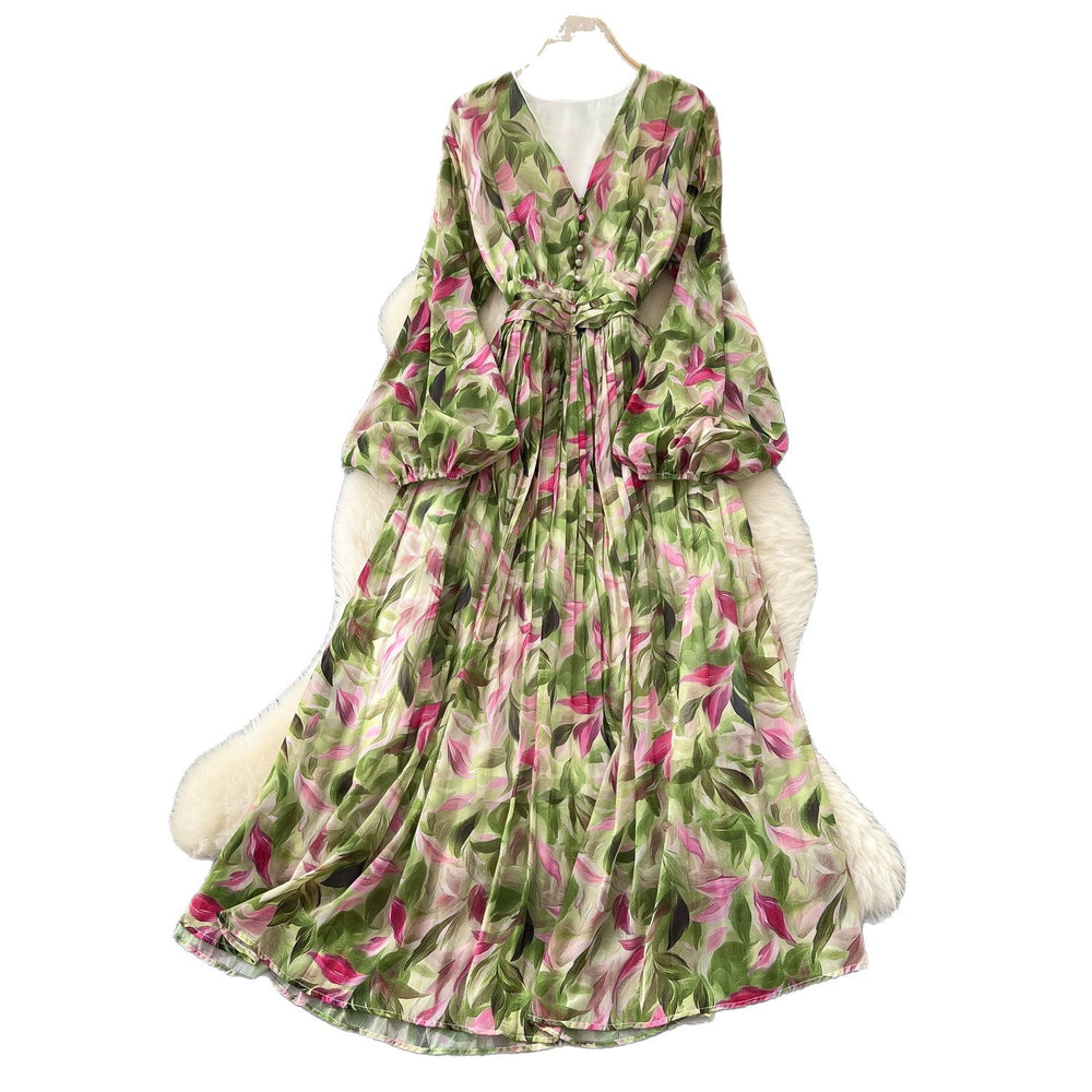 French retro v-neck lantern sleeve cinched waist dress -  new fashionable, elegant, slimming, and chic printed maxi dress