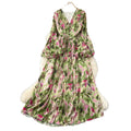 French retro v-neck lantern sleeve cinched waist dress -  new fashionable, elegant, slimming, and chic printed maxi dress