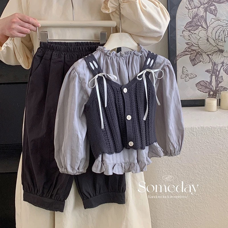 Girls' spring/autumn bowknot knitted vest, layering long-sleeve pullover shirt top, and casual pants three-piece set