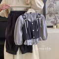 Girls' spring/autumn bowknot knitted vest, layering long-sleeve pullover shirt top, and casual pants three-piece set