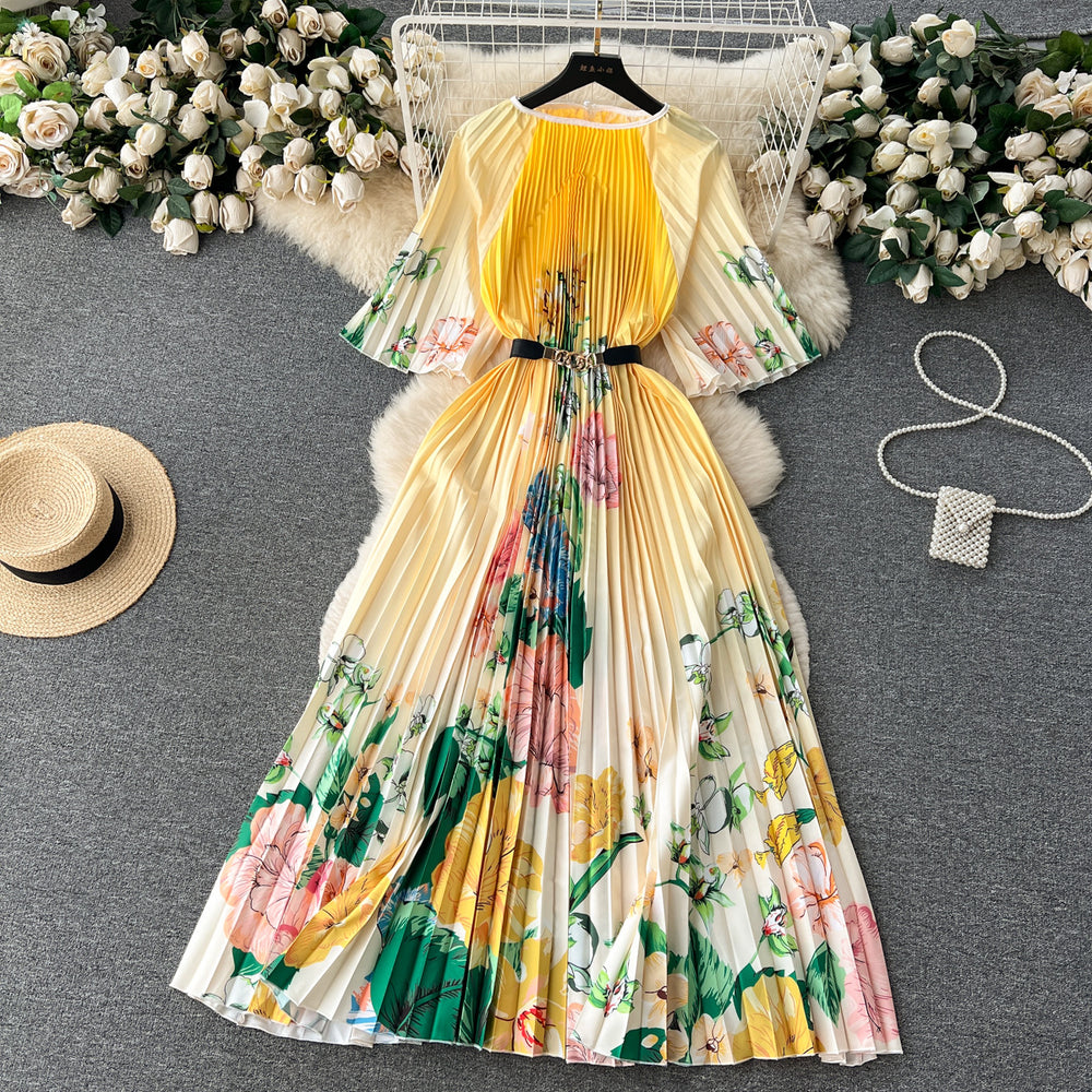European and american retro court style design printed long dress with heavy pleating, puff sleeves, and pleated skirt - spring collection for women