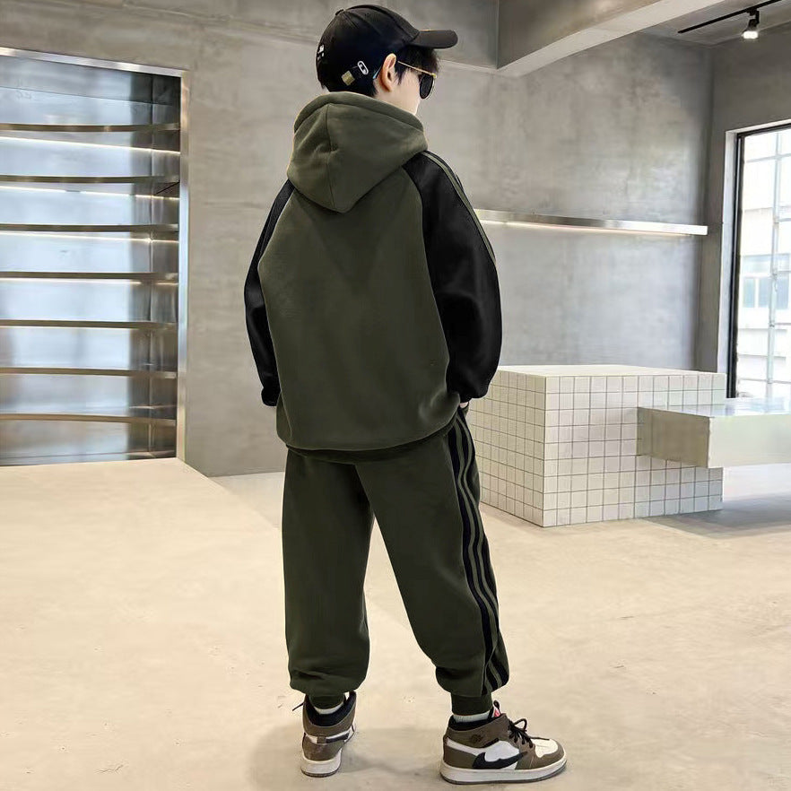 Boys' winter fleece-lined thickened set  casual mid-to-large children's outfit boy's hoodie and sweatpants sports two-piece set