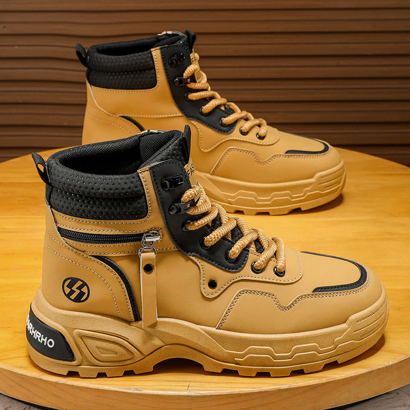 High-top men's shoes springcasualhiking sports non-slipworkwear shoes leather waterproofthick solewhiteboots