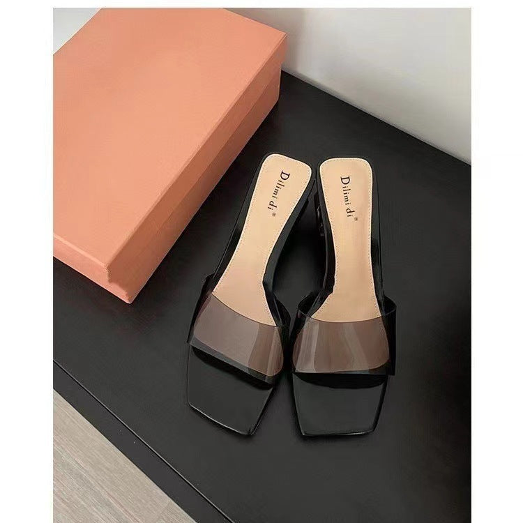 Transparent crystal slippers for women, perfect for wearing outdoors. new for summer 2023, these chunky high-heeled, square-toe, open-toe sandals are ideal for summer wear