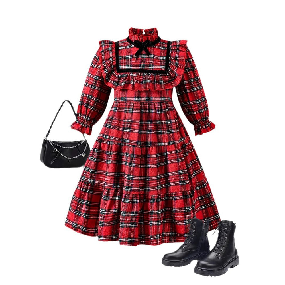 girls' christmas red dress - lolita style plaid lace high neck bow long sleeve a-line skirt