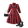 girls' christmas red dress - lolita style plaid lace high neck bow long sleeve a-line skirt
