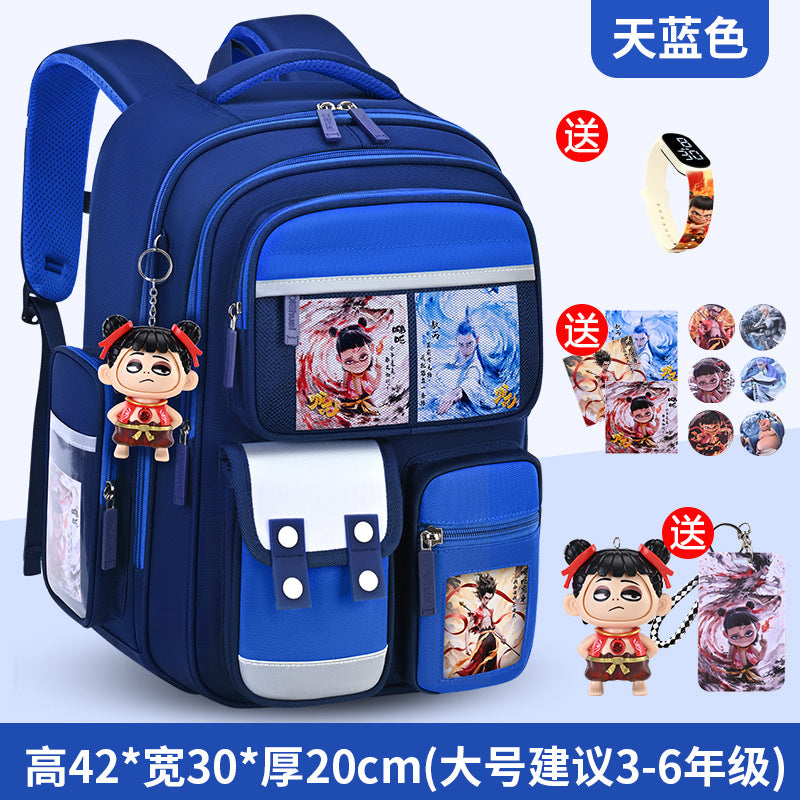 New nezha backpack for boys and girls, grades 1-6: spine protection, lightweight design, and extra-large capacity