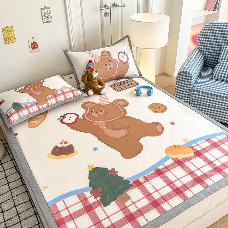 Summer cute ice silk mat three-piece set 1.8 meters single dormitory 0.9 cool silk carbon light foldable soft mat