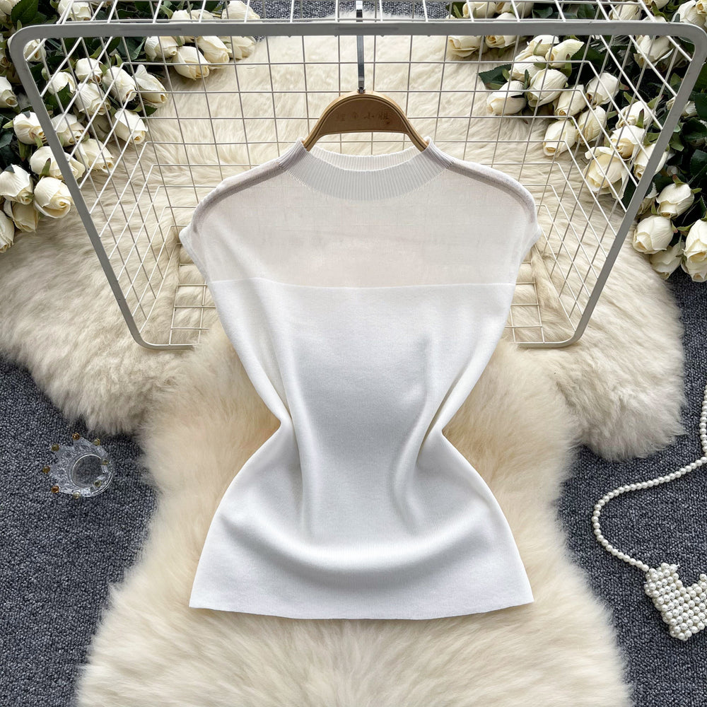 European and american style versatile new half-high neck knit top for women - pure & sexy sheer mesh panel slim-fit summer top
