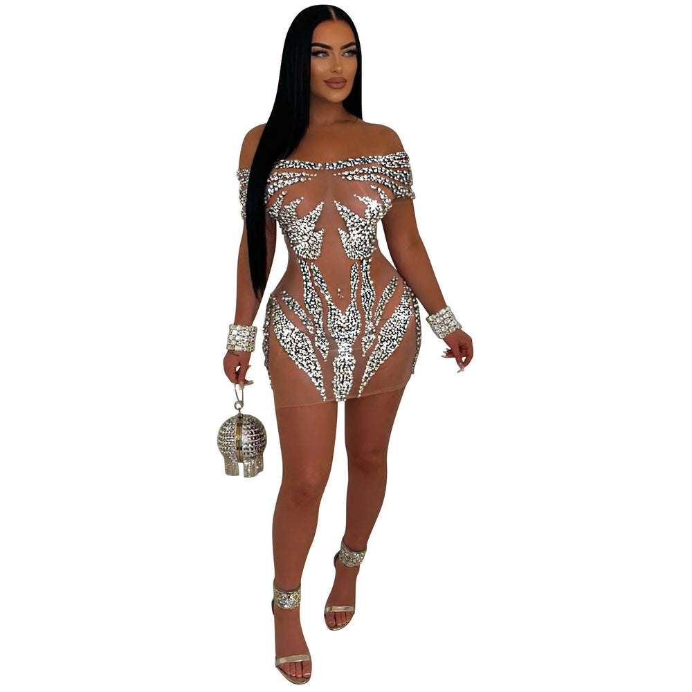C6926 cross-border   independent station fashion women's sexy hot diamond see-through dress