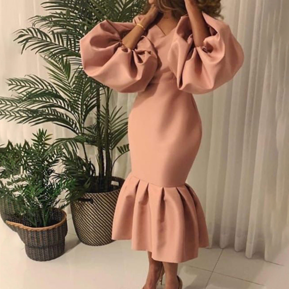 D115 cross-border sourcing: african plus-size women's fashion - solid color v-neck bubble sleeve fishtail dress, european and american style evening gown