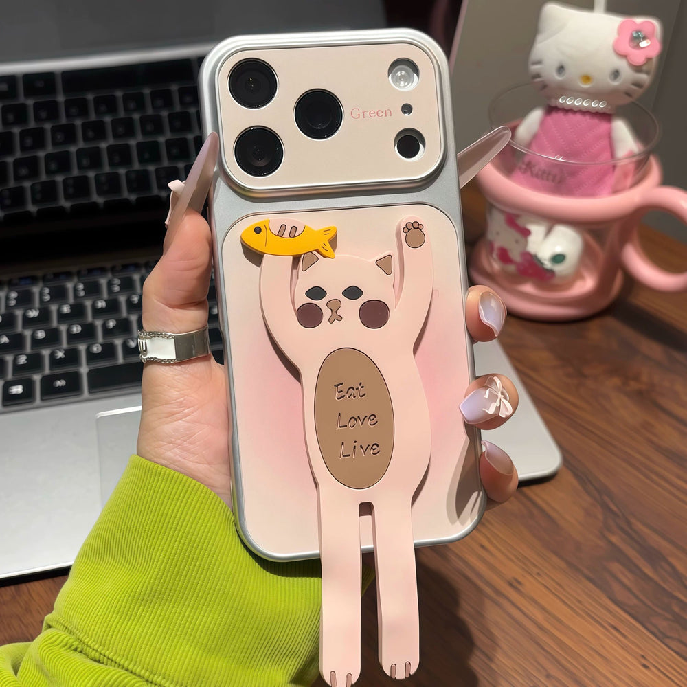 Coffee maker cat foldable stand compatible with apple 17 pro max phone case - "fish catching cat" iphone 16 soft case