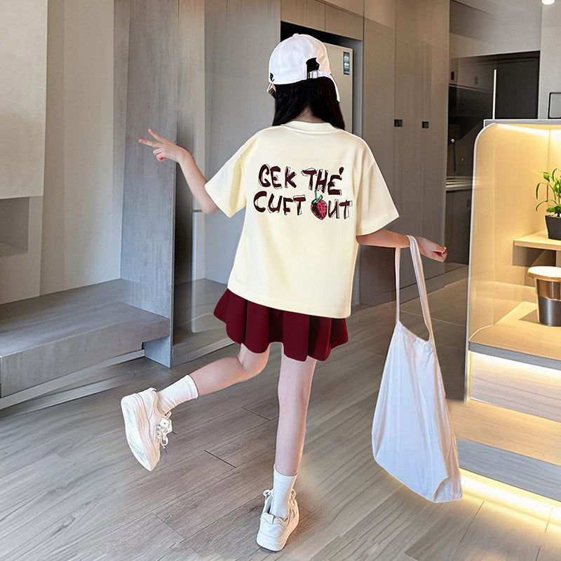 Girls' skirt-pants summer outfit  new style, trendy and cool summer clothes for mid-to-large children, kids' skirt set two-piece