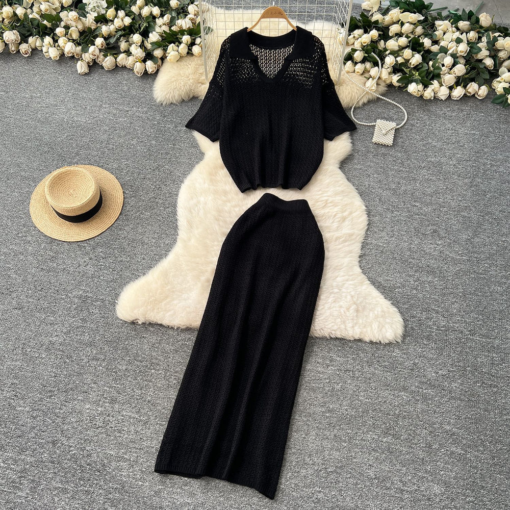 Summer women's gentle style versatile chic hollow-out crochet knit top & high-waisted bodycon midi skirt korean two-piece set