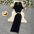 Summer women's gentle style versatile chic hollow-out crochet knit top & high-waisted bodycon midi skirt korean two-piece set