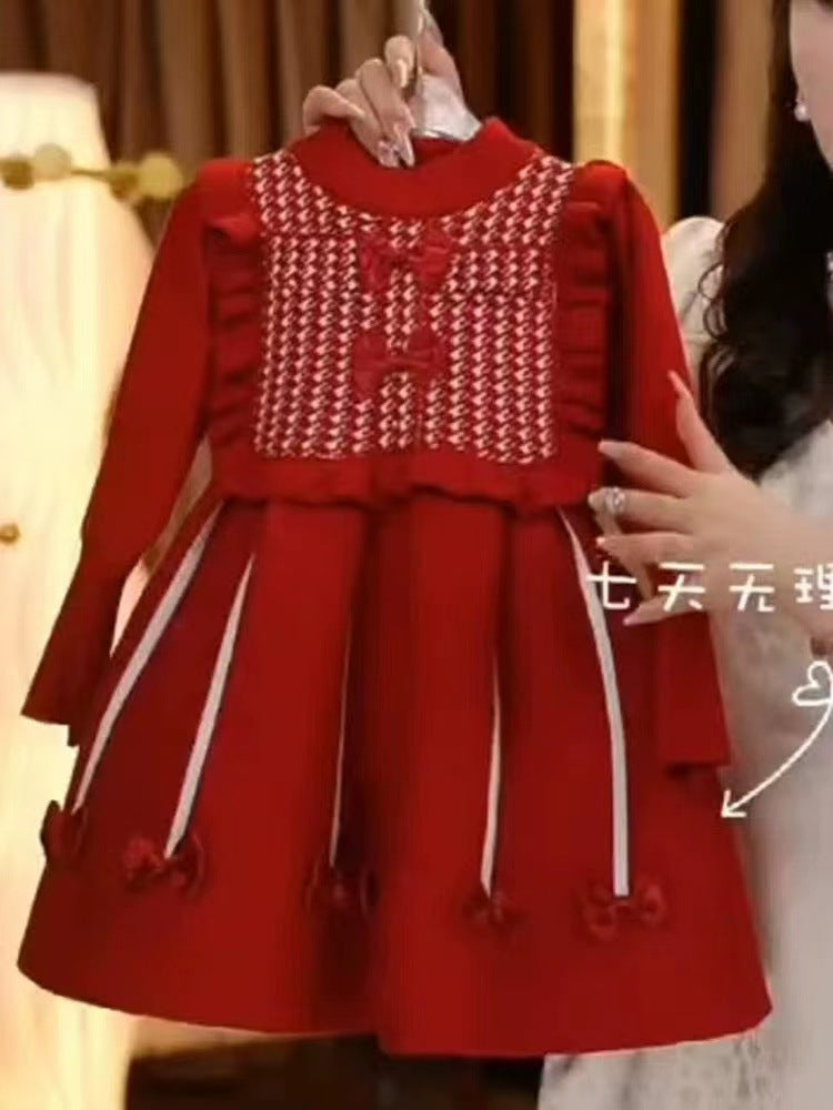 new year's & christmas girls' sweater dress - bow accent, chanel-inspired sweet knit dress