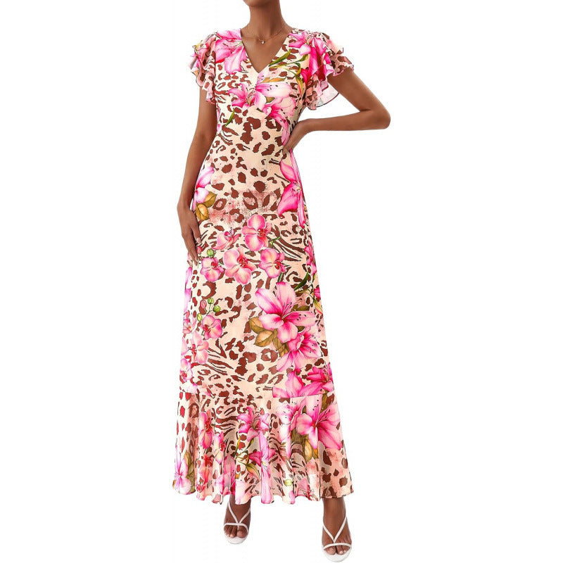Summer floral maxi dress  spring short sleeve ruffle v-neck flowy bohemian beach vacation sundress