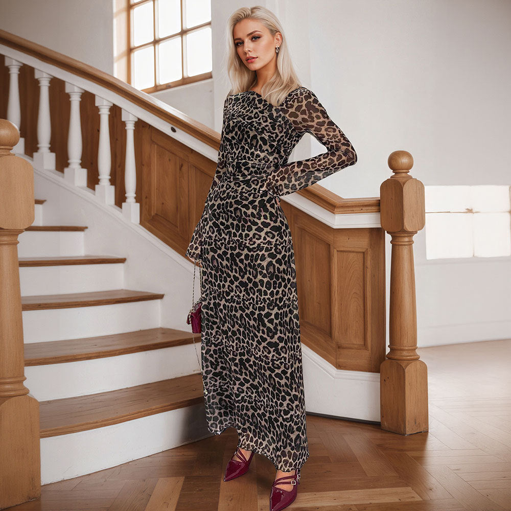 European and american  new arrival cross-border women's asymmetrical neck long sleeve sexy leopard print elegant long party dress