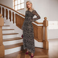 European and american  new arrival cross-border women's asymmetrical neck long sleeve sexy leopard print elegant long party dress