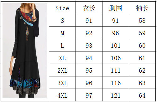 european and american trendy women's lace button fashion print loose long sleeve round neck dress