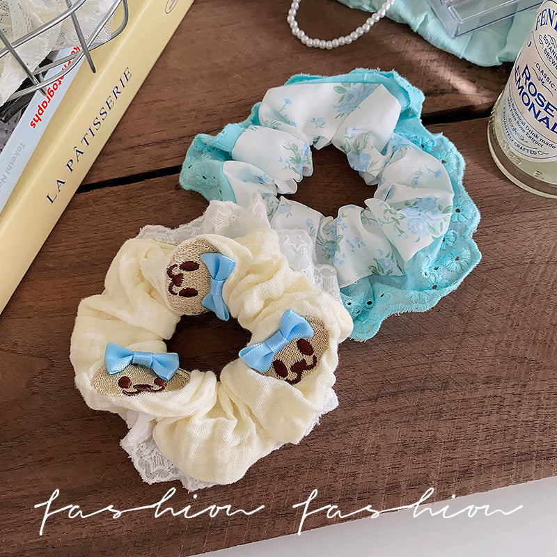 Cuteembroiderbear blue bowslace large intestine hair tie female korean style gentle large hair rope headwear wholesale