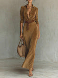 Retro corduroy shirtdress lapel long sleevesv neck wrap formula buckle belt waist women's dress